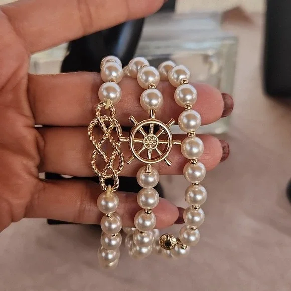 J. Crew Pearl Bracelet Set‎ Nautical Charm Gold Tone Elegant Jewelry - Picture 4 of 6